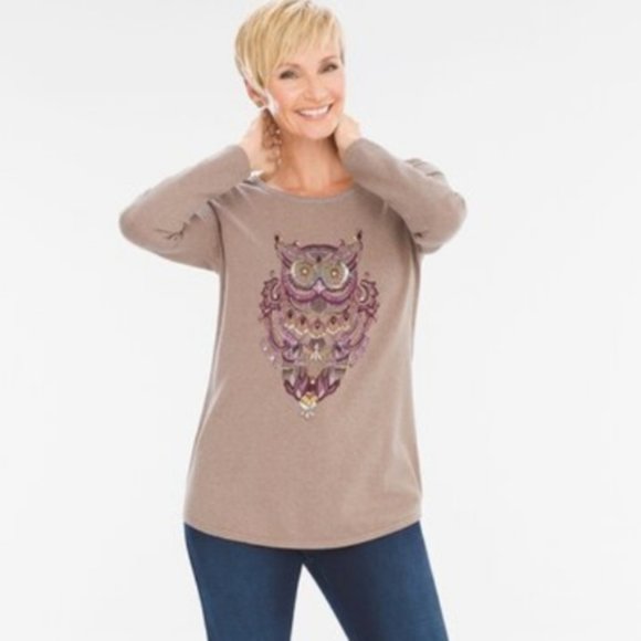Zenergy by Chico's Cotton-Cashmere Blend Jeweled Owl Top Shirt Sweater Sz XL VGC - Picture 1 of 9